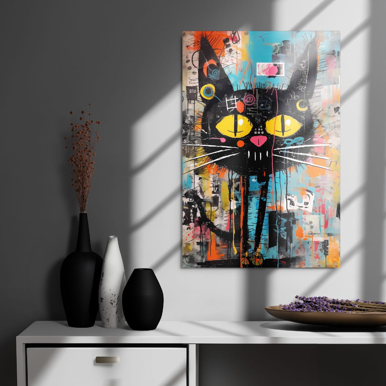 “Yellow-Eyed Stray” — Graffiti Cat Portrait on Glossy Metal Poster