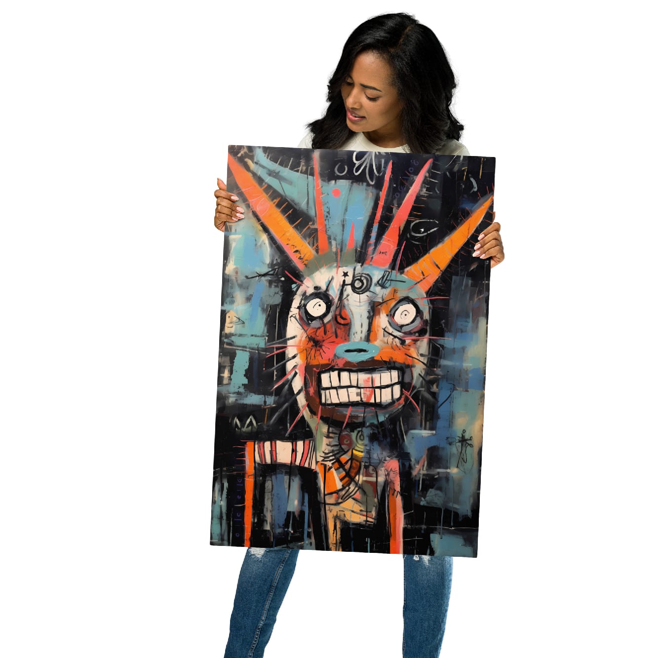 "Horned Grin" abstract graffiti beast art on glossy metal poster 20x30", model holding oversized wall art print, by GiveMeMood