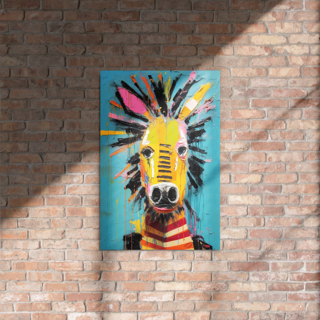 "Striped Wonder" glossy metal poster 20"x30" on rustic brick wall with sun shadows, street-art style zebra portrait featuring bright yellow face, teal backdrop, and colorful splash details, by GiveMeMood