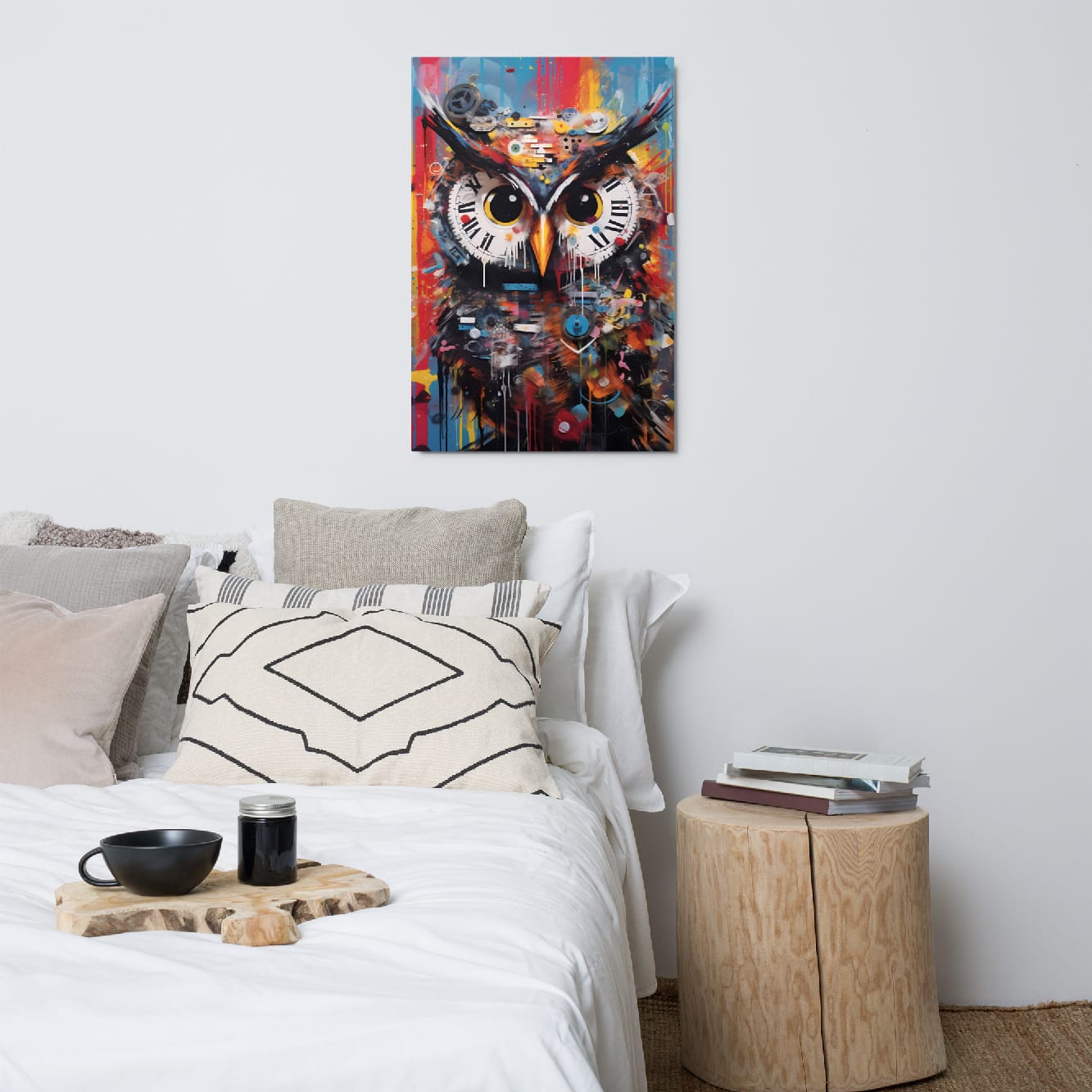 "Timekeeper Owl" glossy metal poster 24"x36" above bed in a modern bedroom, colorful clockwork owl wall art with multicolor splashes, dripping paint accents, and timepiece details, by GiveMeMood