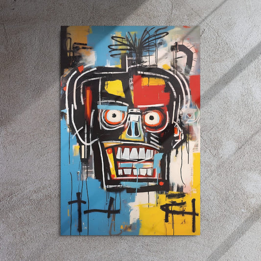 "Voltage Grin" glossy metal poster 24"x36" on textured concrete wall with diagonal sun shadows, abstract graffiti face pop art with strong black lines, dripping paint, and bright blue/yellow/red blocks, by GiveMeMood