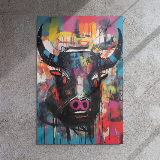 "Graffiti Bull" 24"×36" glossy metal wall art mounted on textured gray concrete wall with dramatic sunlight shadows, vibrant graffiti bull face with drips and neon accents by GiveMeMood