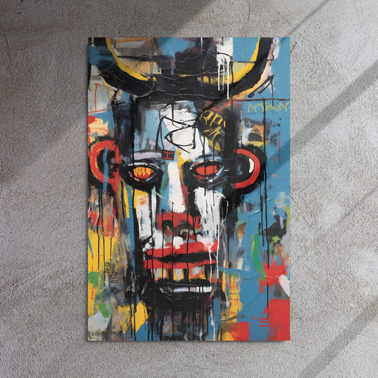 "Urban Minotaur" glossy metal wall art 24"x36" mounted on textured gray concrete wall with dramatic sunlight shadows, vibrant graffiti minotaur face portrait with paint drips by GiveMeMood