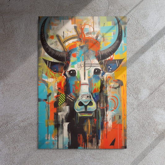 "Mural Bull" vibrant bull portrait glossy print on concrete wall with natural sunlight