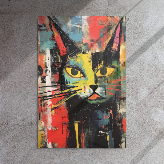 Vivid feline abstract art print on concrete wall with dramatic natural lighting