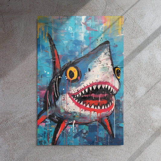"Neon Predator" glossy metal poster 24"x36" on textured concrete wall with diagonal window-light shadows, street-art shark print with bright yellow eyes, jagged teeth, red mouth, and splattered blue paint layers, by GiveMeMood