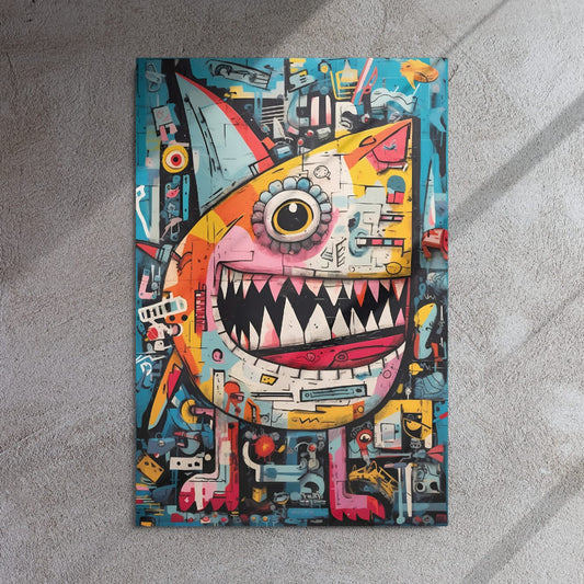 "Urban Chomp" glossy metal poster 24"x36" on textured concrete wall with diagonal window-light shadows, graffiti monster wall art with one big eye, pointed ears, and jagged teeth in vivid teal and neon colors, by GiveMeMood