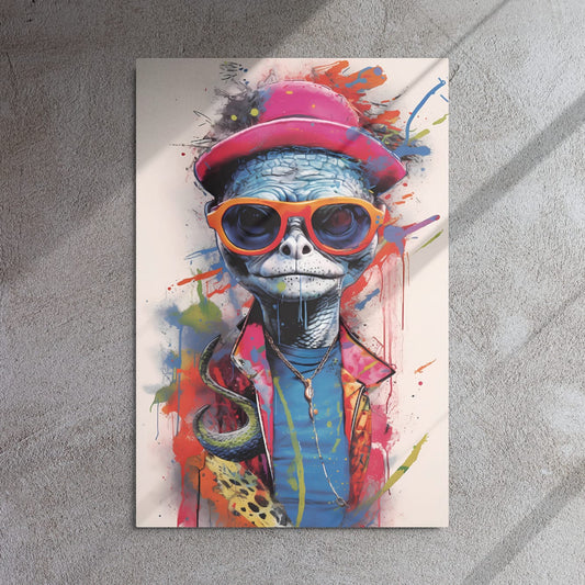 "Reptile Swagger" glossy metal poster 24"x36" on textured concrete wall with diagonal window-light shadows, street-art reptile portrait wearing a pink hat and orange sunglasses with colorful paint splashes, by GiveMeMood