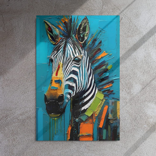 "Striped Vibrance" glossy metal poster 24"x36" on textured concrete wall with diagonal window-light shadows, abstract zebra wall art with bold black-and-white stripes, turquoise background, and colorful paint-splatter accents, by GiveMeMood