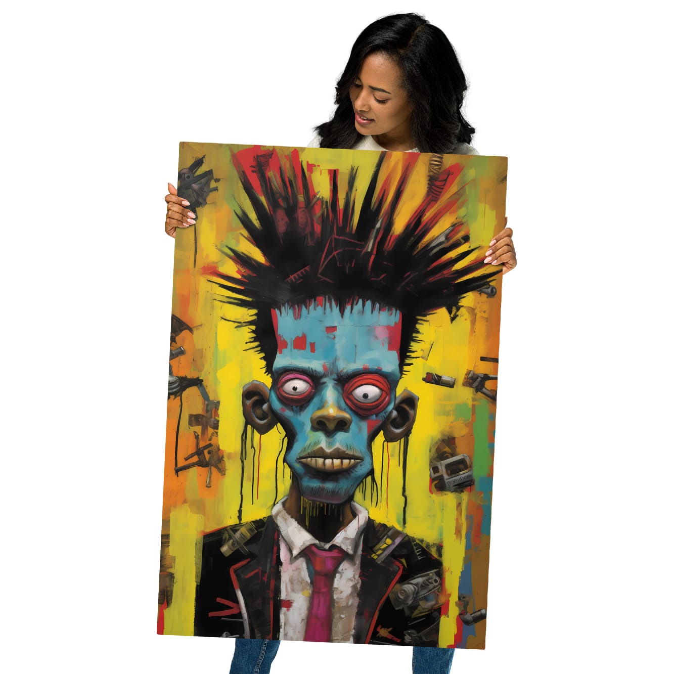 "Punk Rebel" glossy metal poster 24"x36" held by model, oversized modern aluminum wall art featuring a wild punk portrait with blue/turquoise face, spiked hair, vivid yellow graffiti backdrop, red eye rings, and dripping paint details, by GiveMeMood