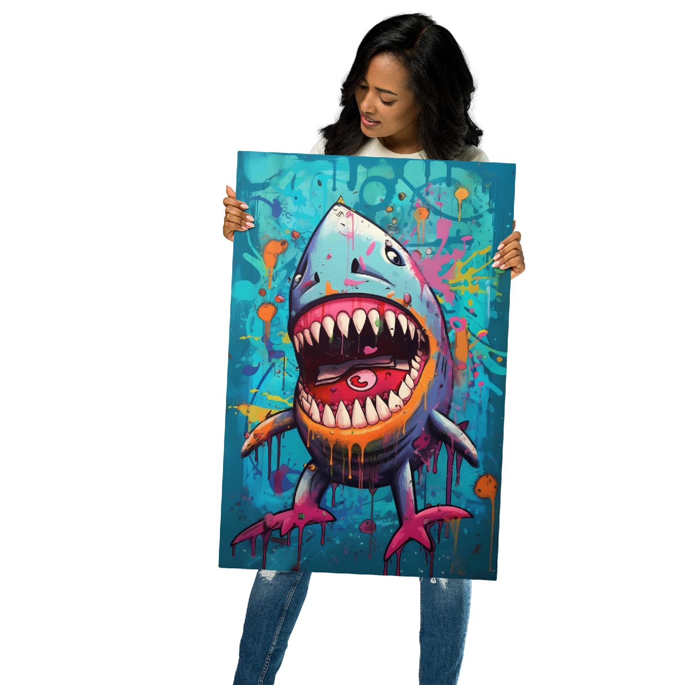 “Neon Bite” — Graffiti Shark Pop Art on Glossy Metal Poster