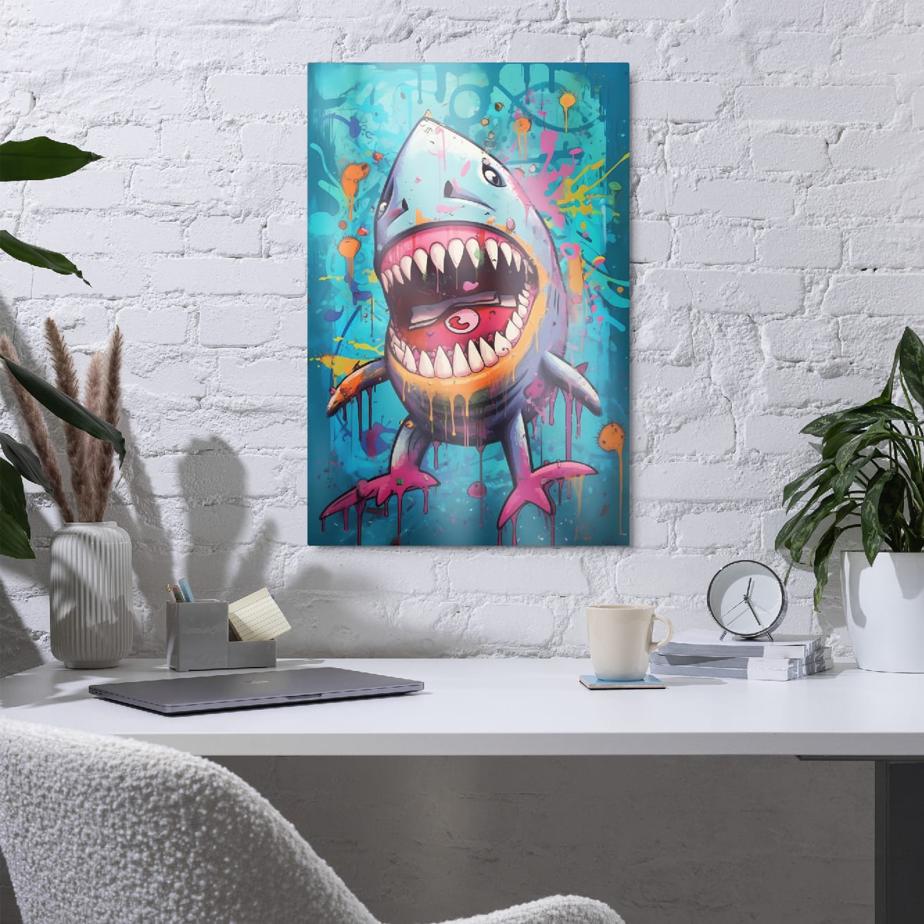 “Neon Bite” — Graffiti Shark Pop Art on Glossy Metal Poster