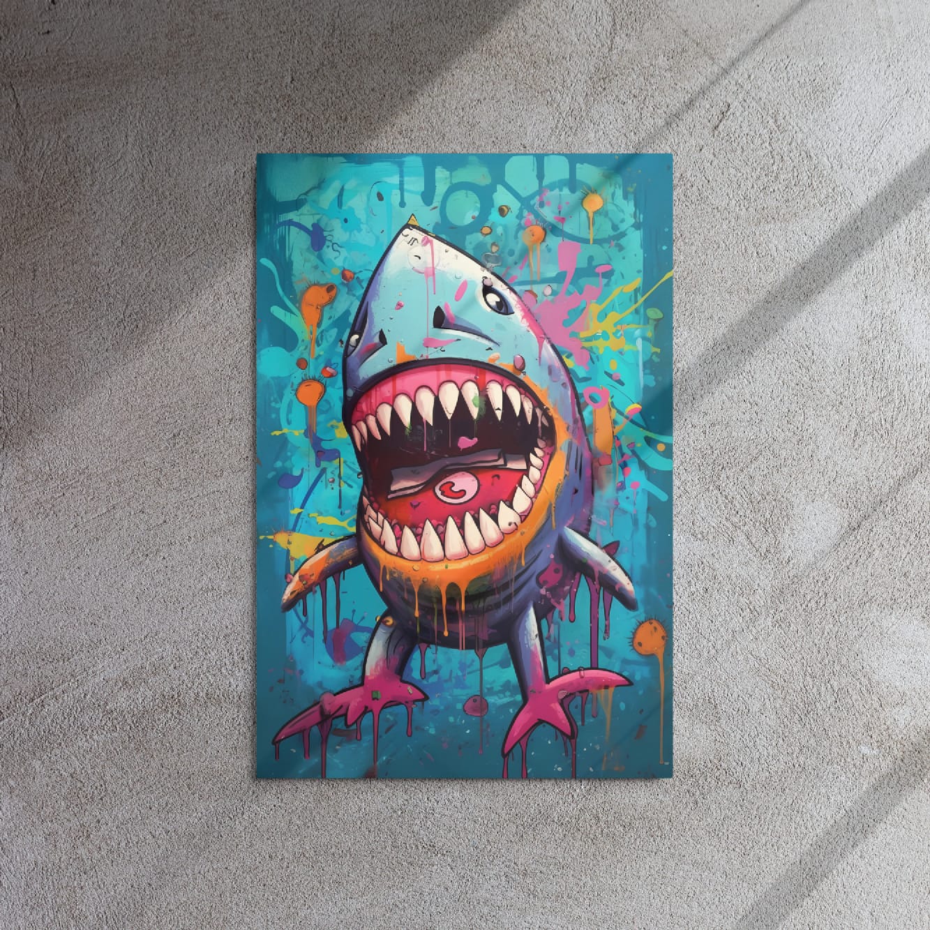 “Neon Bite” — Graffiti Shark Pop Art on Glossy Metal Poster