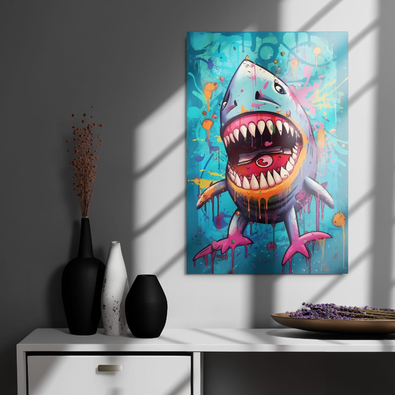 “Neon Bite” — Graffiti Shark Pop Art on Glossy Metal Poster