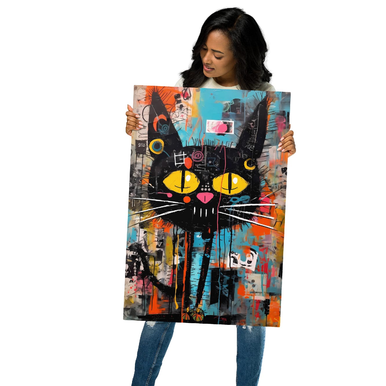 “Yellow-Eyed Stray” — Graffiti Cat Portrait on Glossy Metal Poster