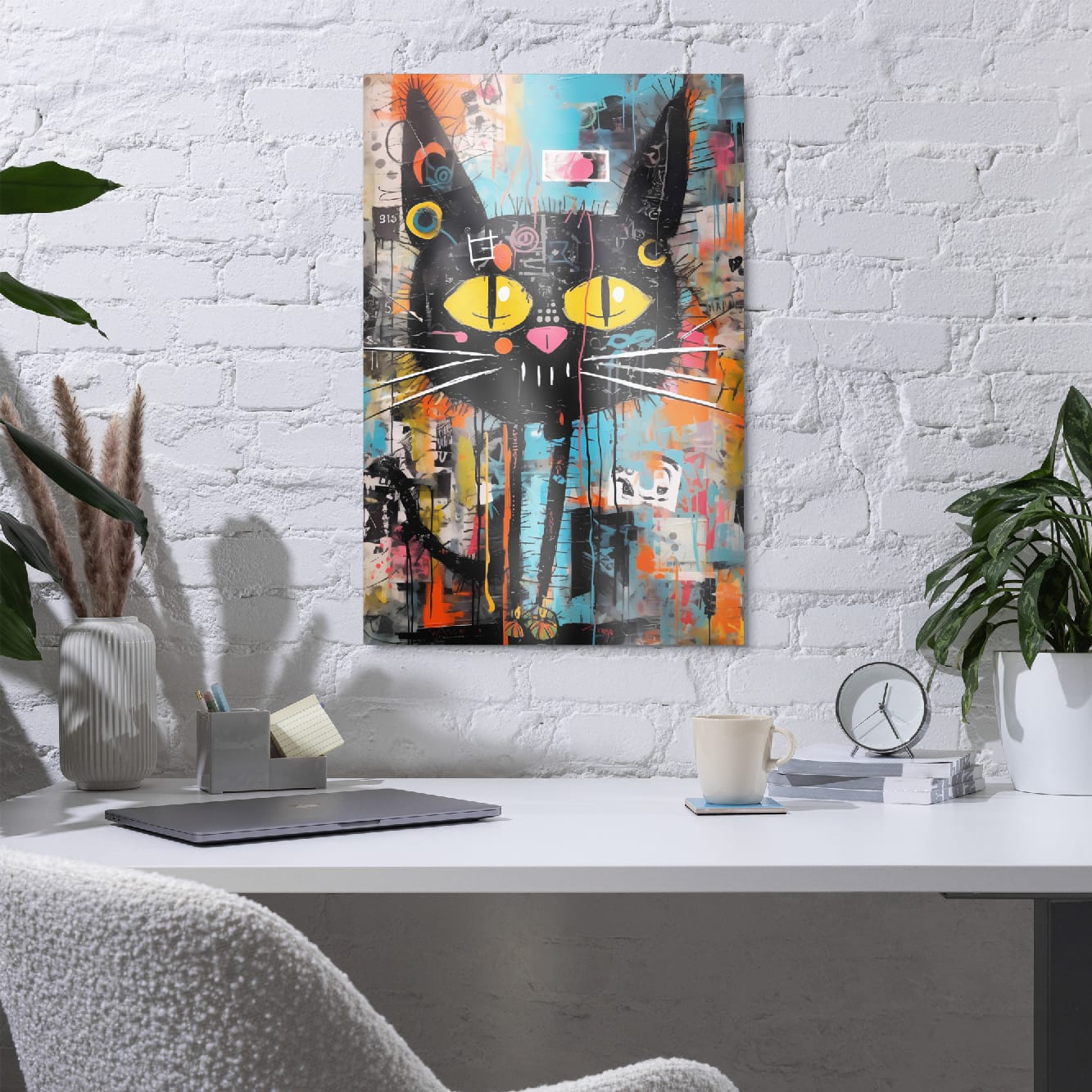 “Yellow-Eyed Stray” — Graffiti Cat Portrait on Glossy Metal Poster