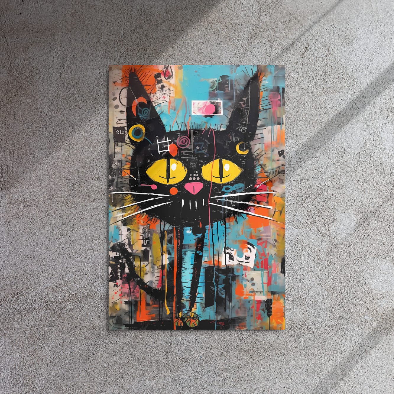 “Yellow-Eyed Stray” — Graffiti Cat Portrait on Glossy Metal Poster