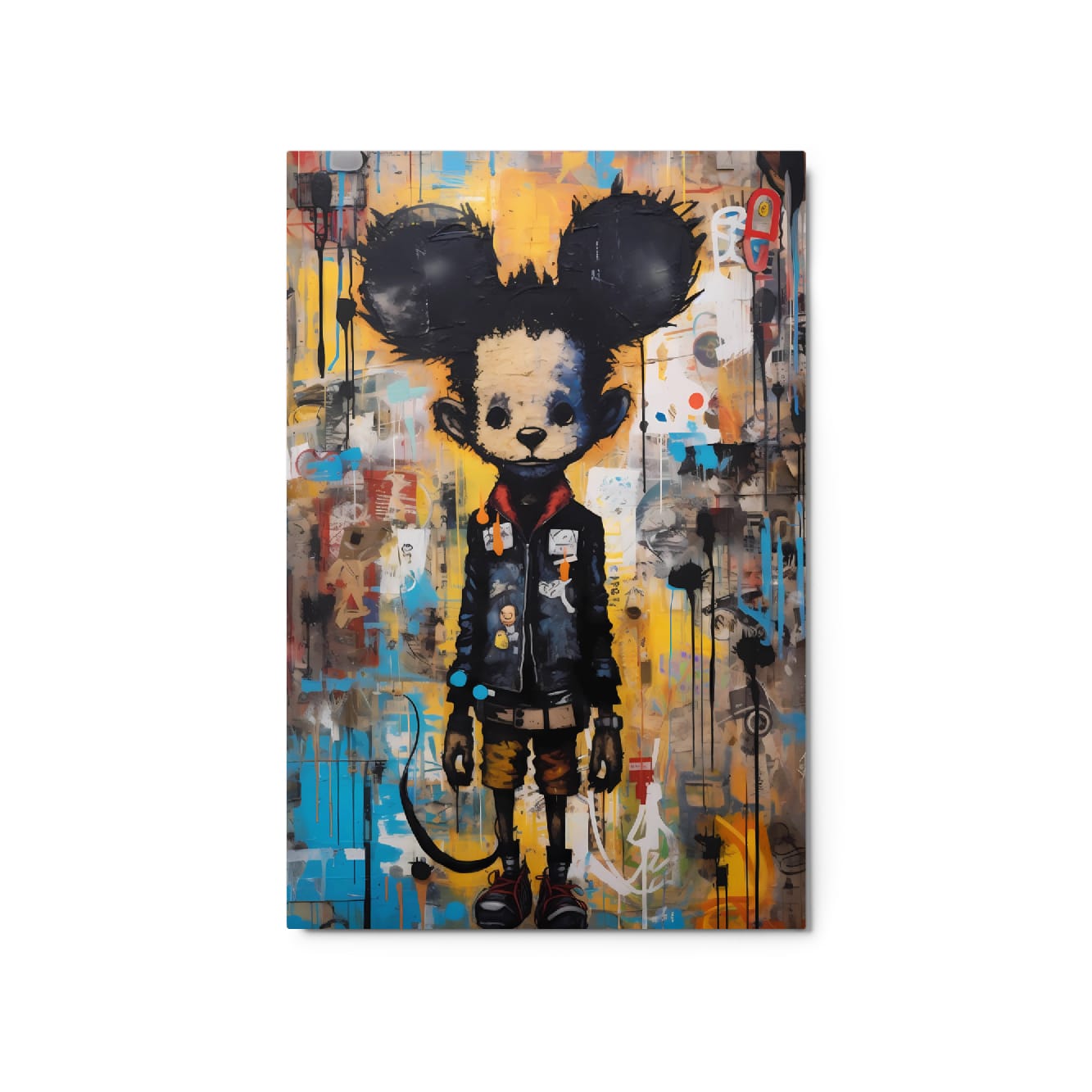 "Back Alley Mouse" glossy metal poster 20"x30" product photo on white background, urban street-art mouse character with big black ears, dark jacket, red scarf, and yellow-blue splatter graffiti layers, by GiveMeMood