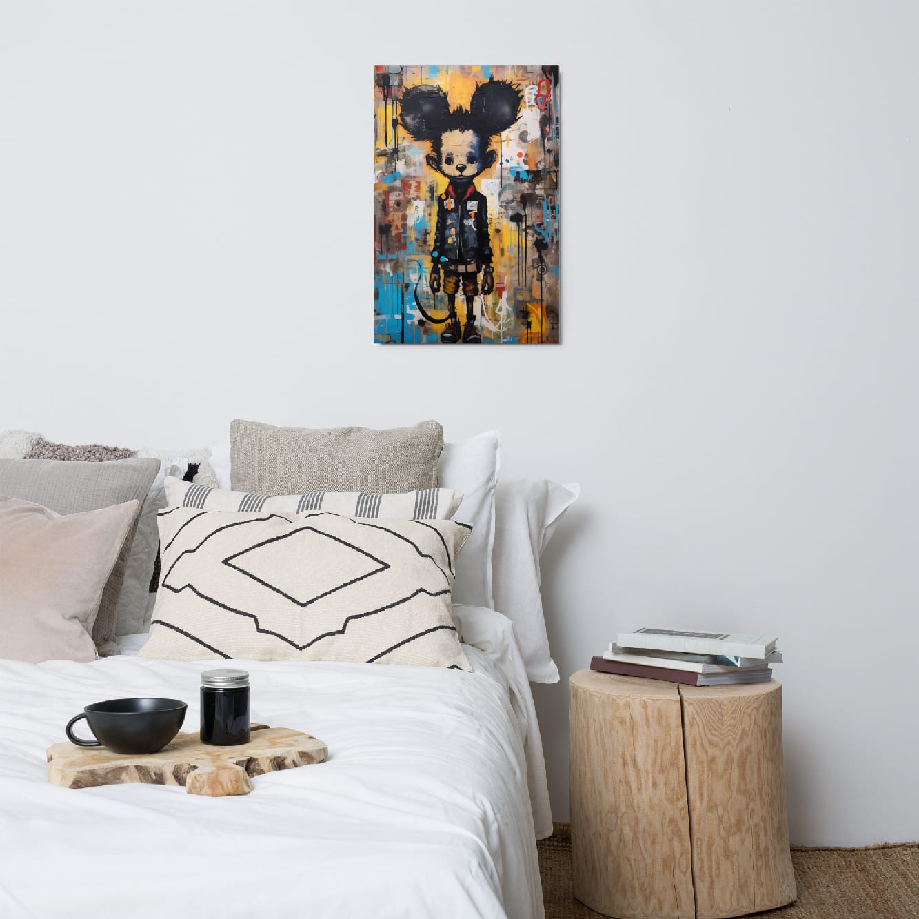 "Back Alley Mouse" glossy metal poster 20"x30" above bed in a modern bedroom, graffiti mouse figure with oversized ears, grunge paint drips, and bold yellow/teal wall-art textures, by GiveMeMood