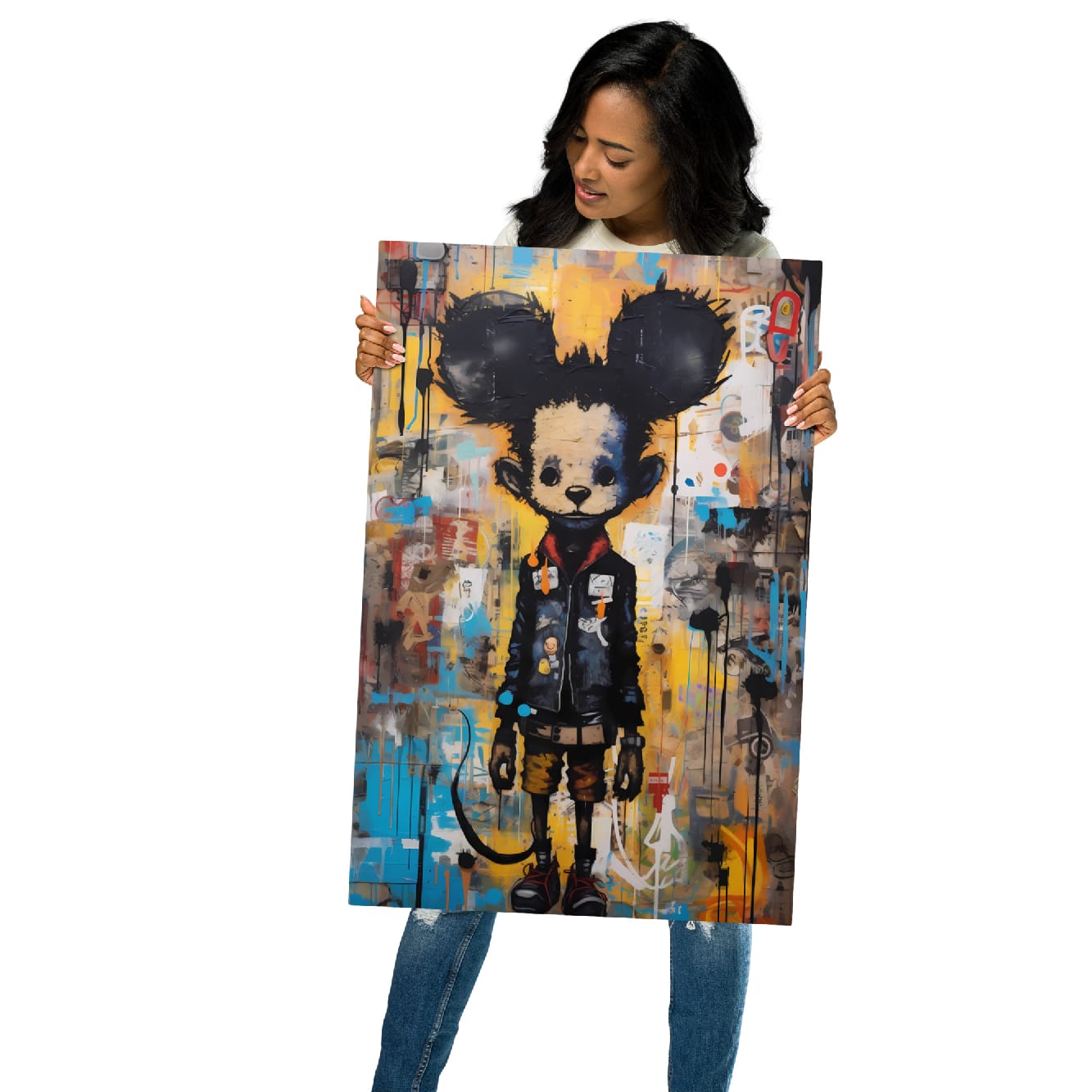 "Back Alley Mouse" glossy metal poster 20"x30" held by model, oversized street-art mouse print with punk jacket details, red scarf accent, and messy urban paint-splatter background, by GiveMeMood