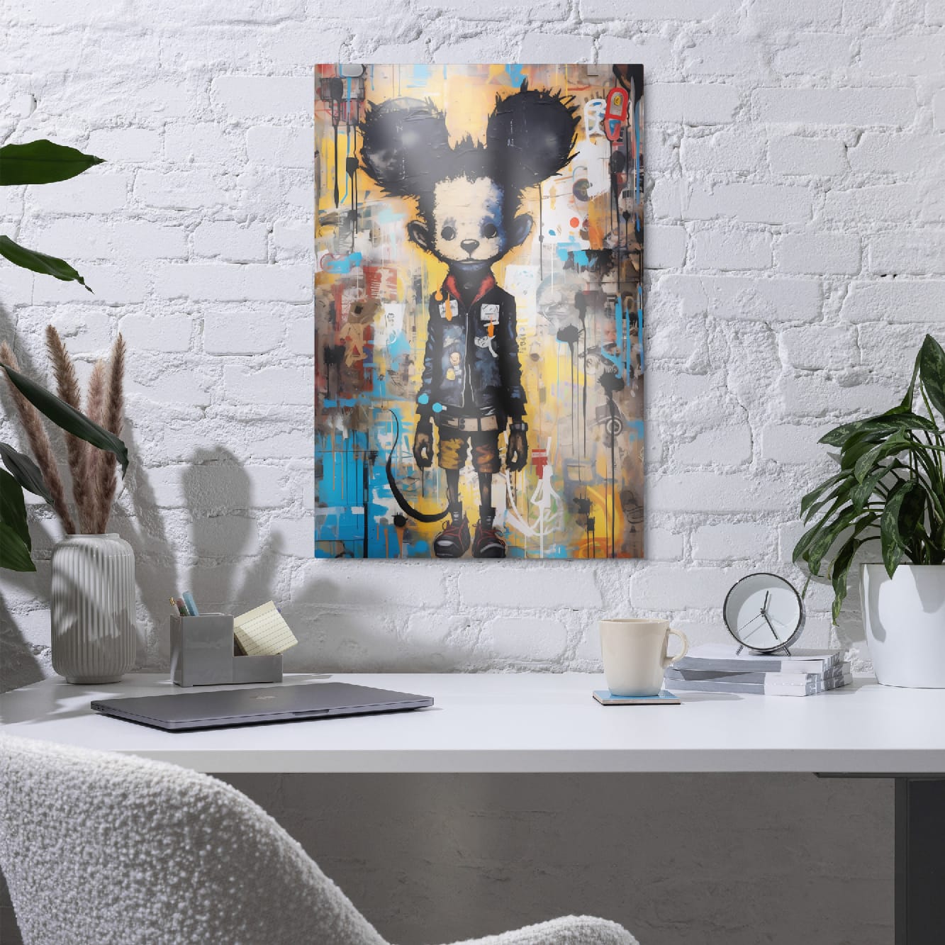 "Back Alley Mouse" glossy metal poster 20"x30" in a home office above desk on white brick wall, edgy graffiti mouse character with big ears, paint drips, and yellow-blue collage backdrop, by GiveMeMood