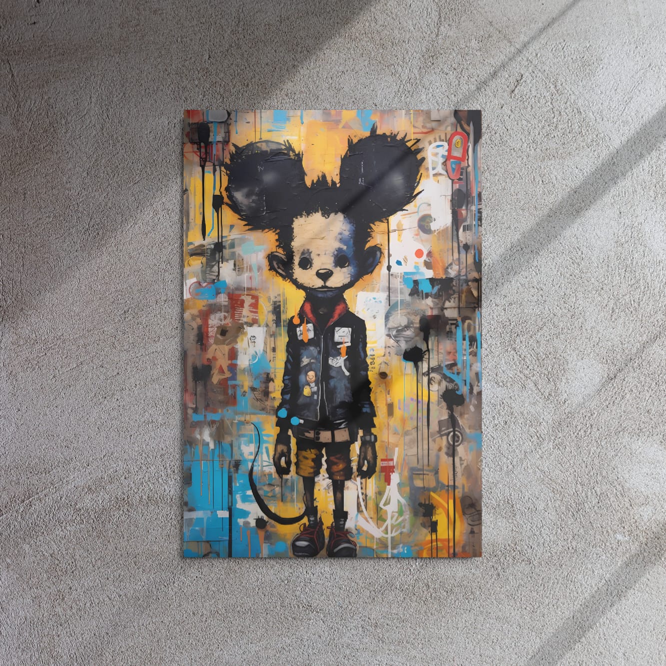 "Back Alley Mouse" glossy metal poster 20"x30" on textured concrete wall with diagonal light shadows, modern graffiti mouse artwork with oversized ears, grunge drips, and layered street-art textures, by GiveMeMood