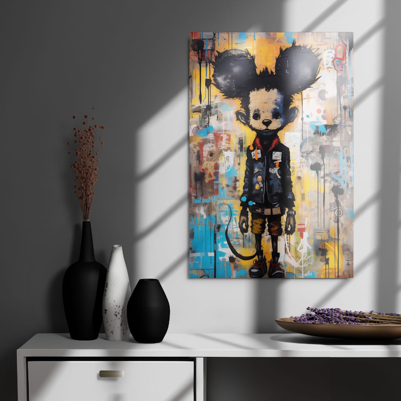 "Back Alley Mouse" glossy metal poster 20"x30" on modern gray wall above console decor with window-light shadows, punk graffiti mouse with oversized ears, red scarf, and paint-drip collage background, by GiveMeMood