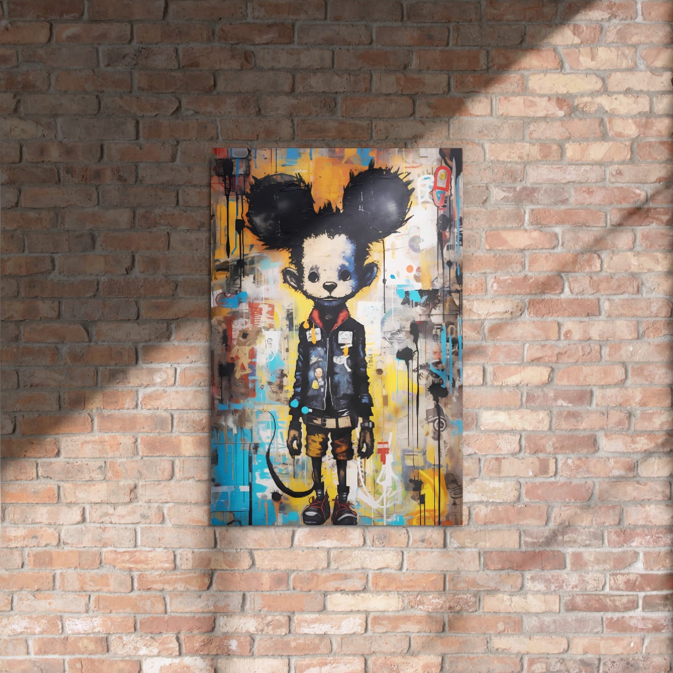 "Back Alley Mouse" glossy metal poster 20"x30" on rustic brick wall with sun shadows, urban graffiti mouse portrait with big black ears, dark jacket, and colorful paint-splatter collage, by GiveMeMood