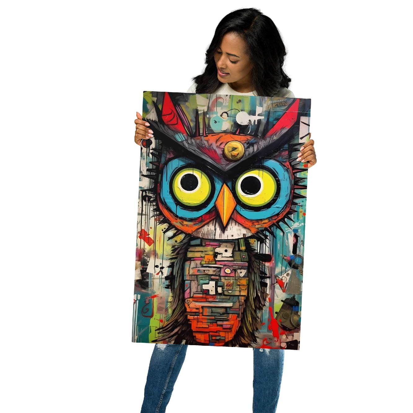 "Neon Sentinel" glossy metal poster 20"x30" held by model, oversized graffiti owl pop art print with bright yellow eyes, teal face, orange beak, and urban paint splatter, by GiveMeMood