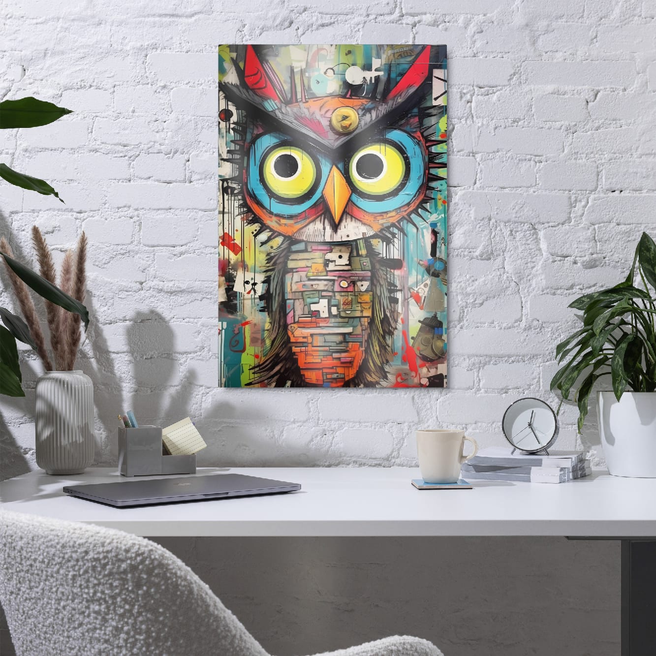 "Neon Sentinel" glossy metal poster 20"x30" in a home office above desk on white brick wall, colorful street-art owl portrait with neon eyes, teal-blue face, and patchwork geometric body, by GiveMeMood