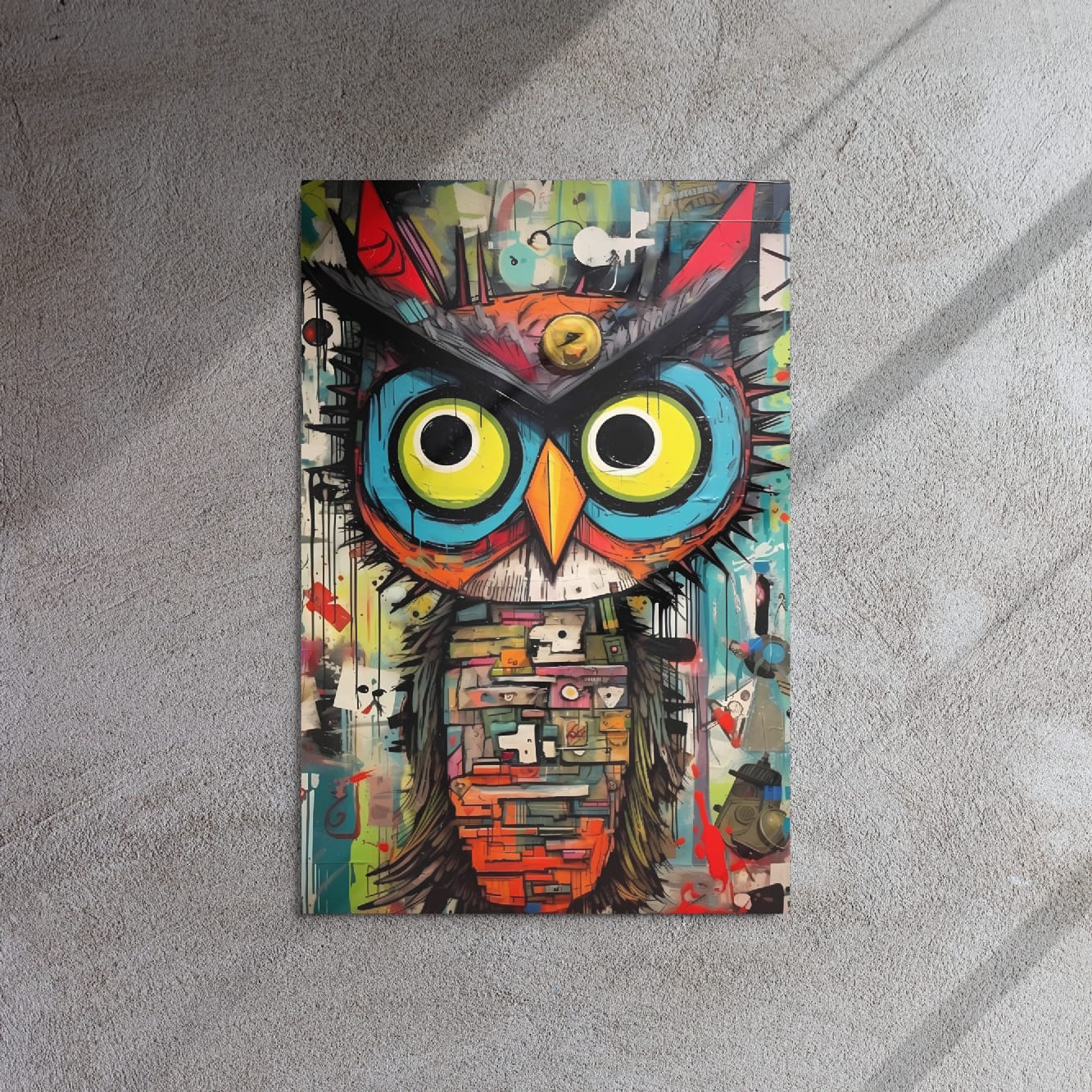 "Neon Sentinel" glossy metal poster 20"x30" on textured concrete wall with diagonal light shadows, modern graffiti owl artwork with neon yellow eyes, bold black lines, and abstract collage layers, by GiveMeMood