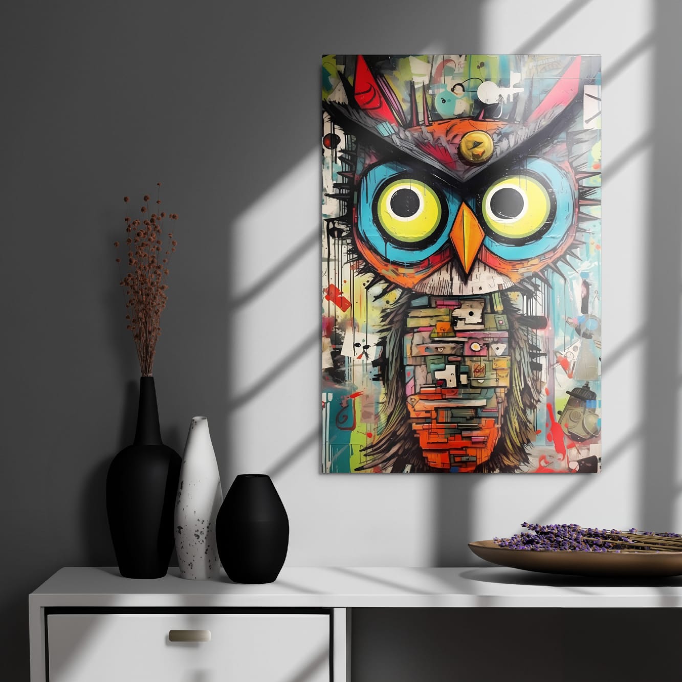 "Neon Sentinel" glossy metal poster 20"x30" on modern gray wall above console decor with window-light shadows, vibrant graffiti owl pop art with neon eyes, teal face, and colorful mixed-media textures, by GiveMeMood