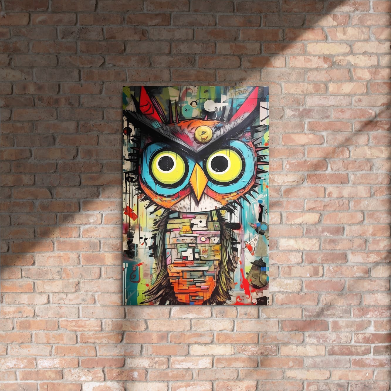 "Neon Sentinel" glossy metal poster 20"x30" on rustic brick wall with sun shadows, neon graffiti owl pop art with bright yellow eyes, teal face, orange beak, and abstract collage body, by GiveMeMood