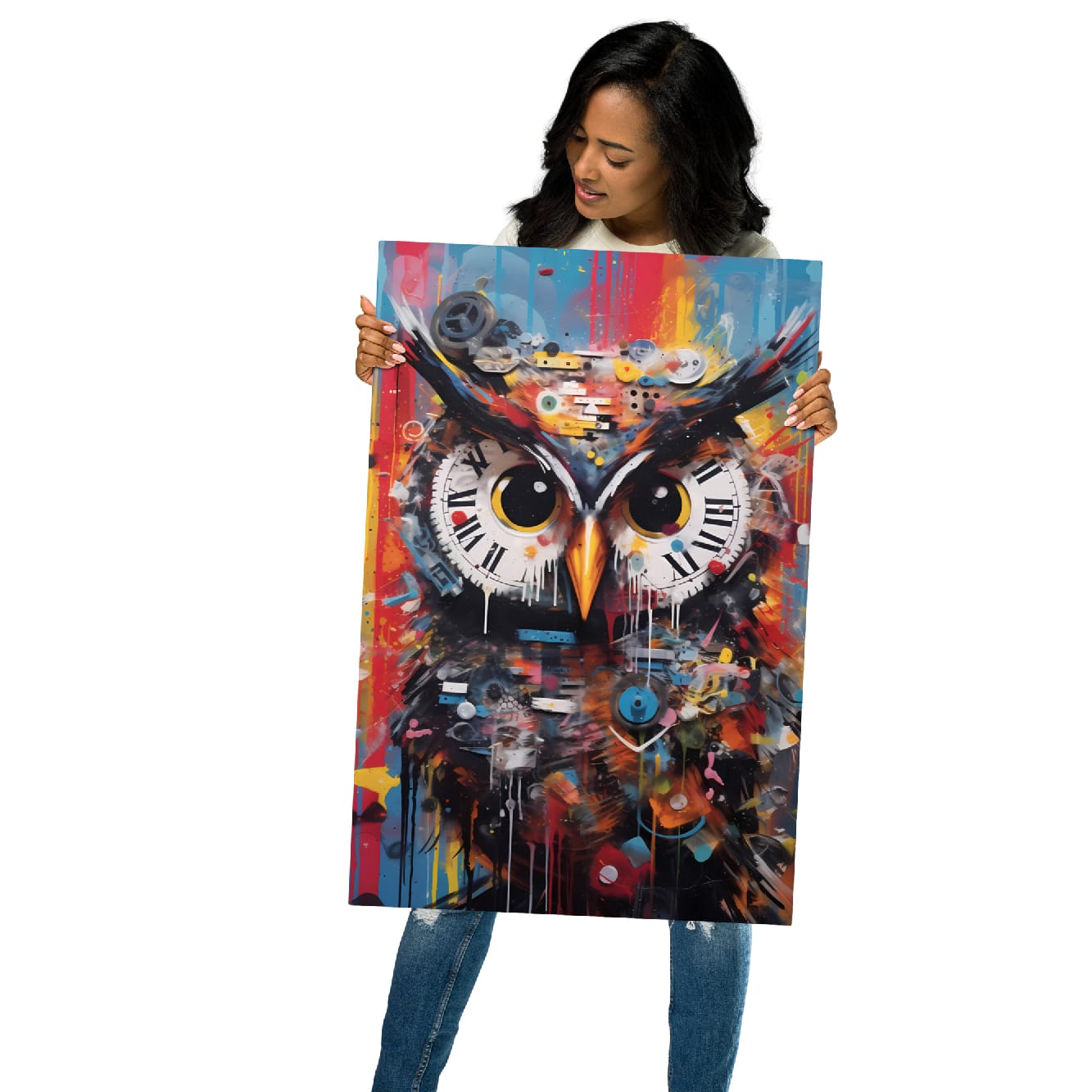 "Clockwork Owl" glossy metal poster 20"x30" held by model, oversized street-art owl print with clockwork timepiece eyes, vivid red/blue/yellow color blocks, and paint drips, by GiveMeMood