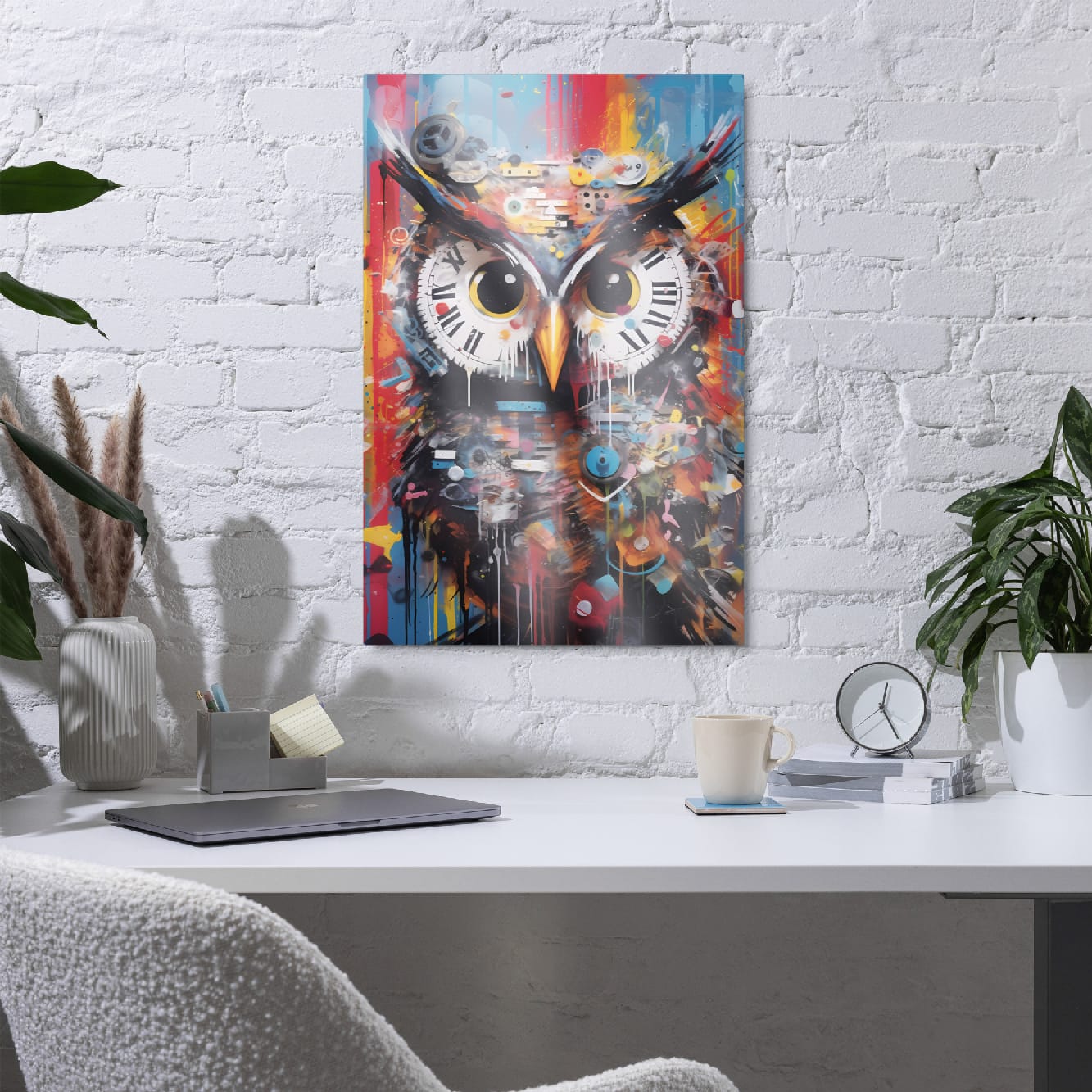 "Clockwork Owl" glossy metal poster 20"x30" in a home office above desk on white brick wall, modern clockwork owl graffiti print with clock faces, bright yellow eyes, and layered paint textures, by GiveMeMood