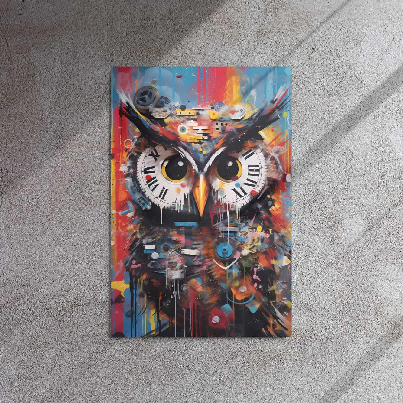 "Clockwork Owl" glossy metal poster 20"x30" on textured concrete wall with diagonal sunlight shadows, vibrant timekeeper owl artwork featuring clock gears, roman numeral dials, and dripping paint, by GiveMeMood
