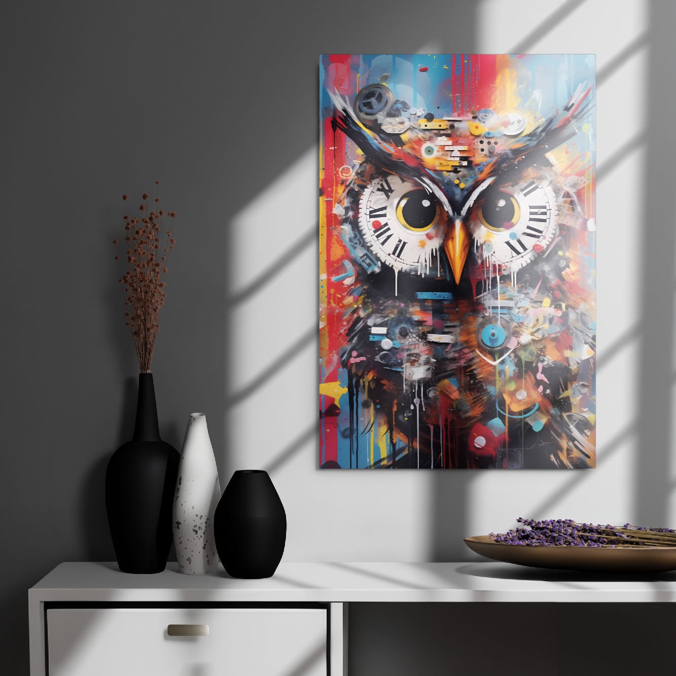 "Clockwork Owl" glossy metal poster 20"x30" on modern gray wall above console decor with window-light shadows, graffiti timekeeper owl art with clock-face eyes, paint drips, and vibrant red-blue accents, by GiveMeMood