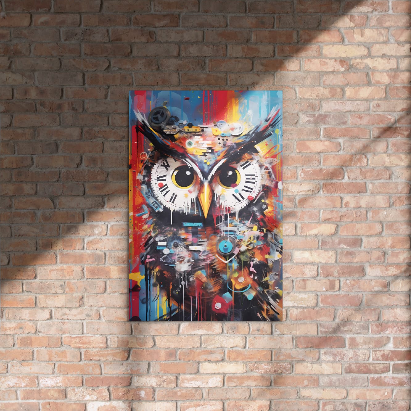 "Clockwork Owl" glossy metal poster 20"x30" on rustic brick wall with sun shadows, colorful graffiti owl portrait with clock-face eyes, splashes of orange and blue, and paint drips, by GiveMeMood