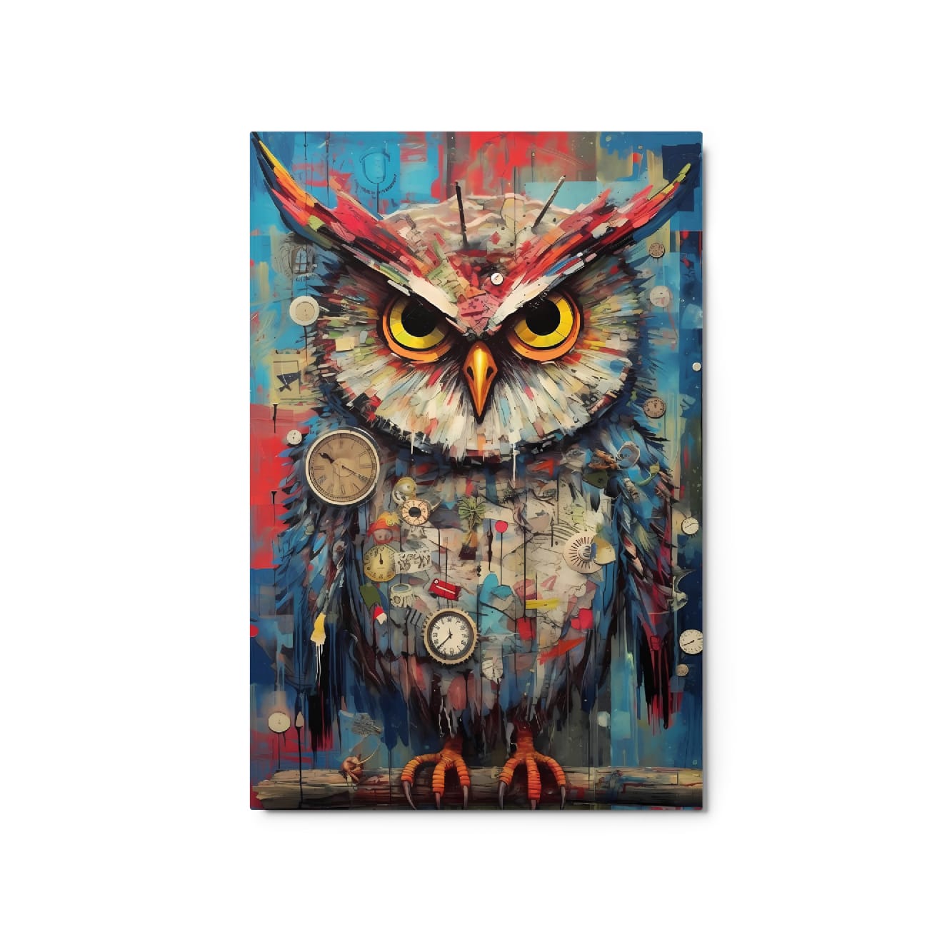 "Timekeeper Owl" glossy metal poster 20"x30" product photo on white background, vibrant owl portrait with mechanical clock details, blue-and-red abstract textures, and glowing yellow eyes, by GiveMeMood