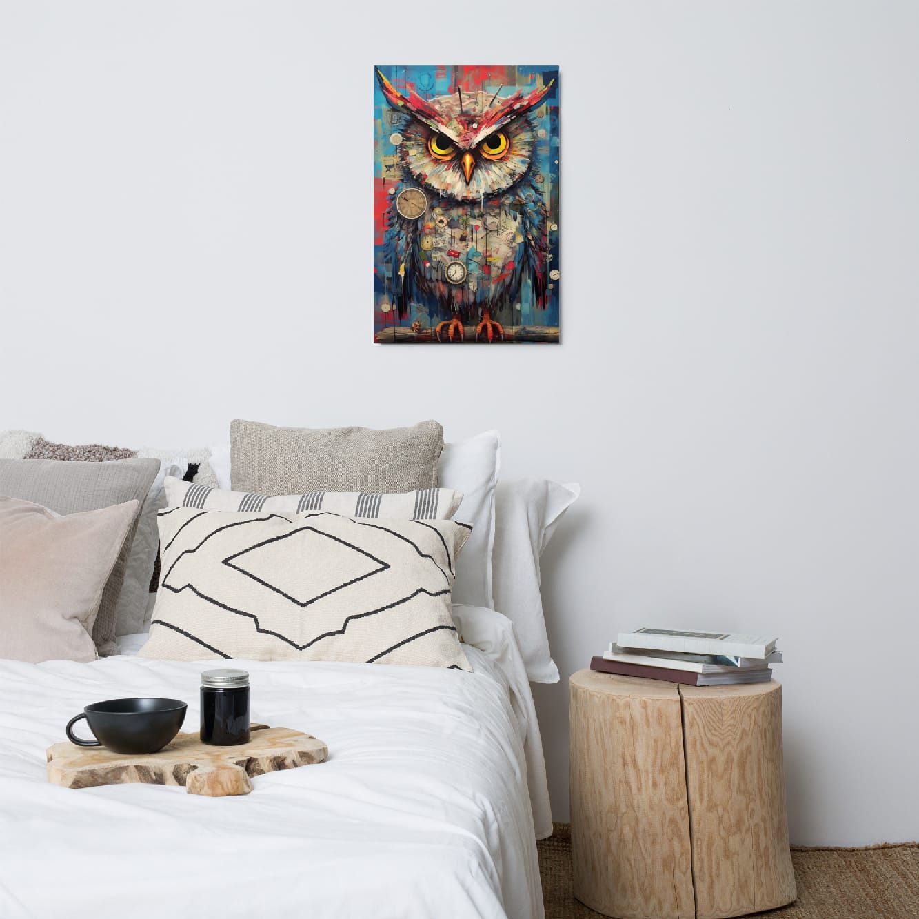 "Timekeeper Owl" glossy metal poster 20"x30" above bed in a modern bedroom, bold clockwork owl wall art with multicolor feathers, collage-style background, and vintage timepieces, by GiveMeMood