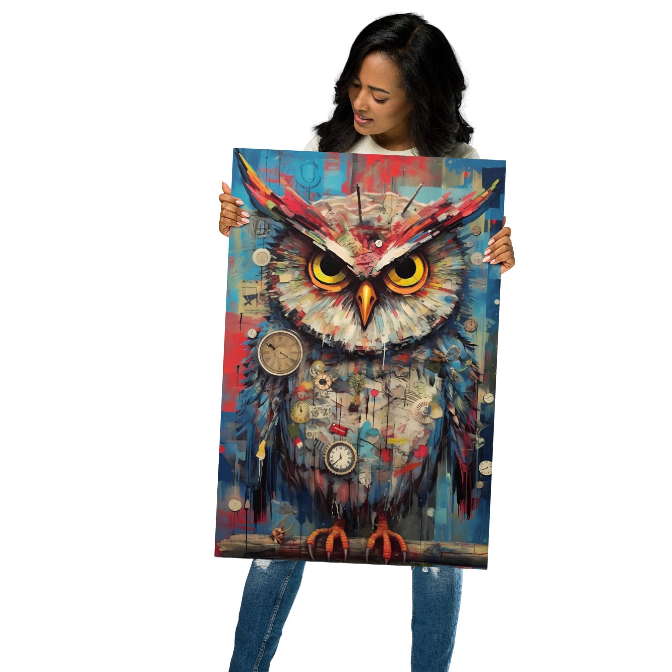 "Timekeeper Owl" glossy metal poster 20"x30" held by model, oversized modern steampunk owl print with bright yellow eyes, clock faces, and expressive painterly brushwork, by GiveMeMood
