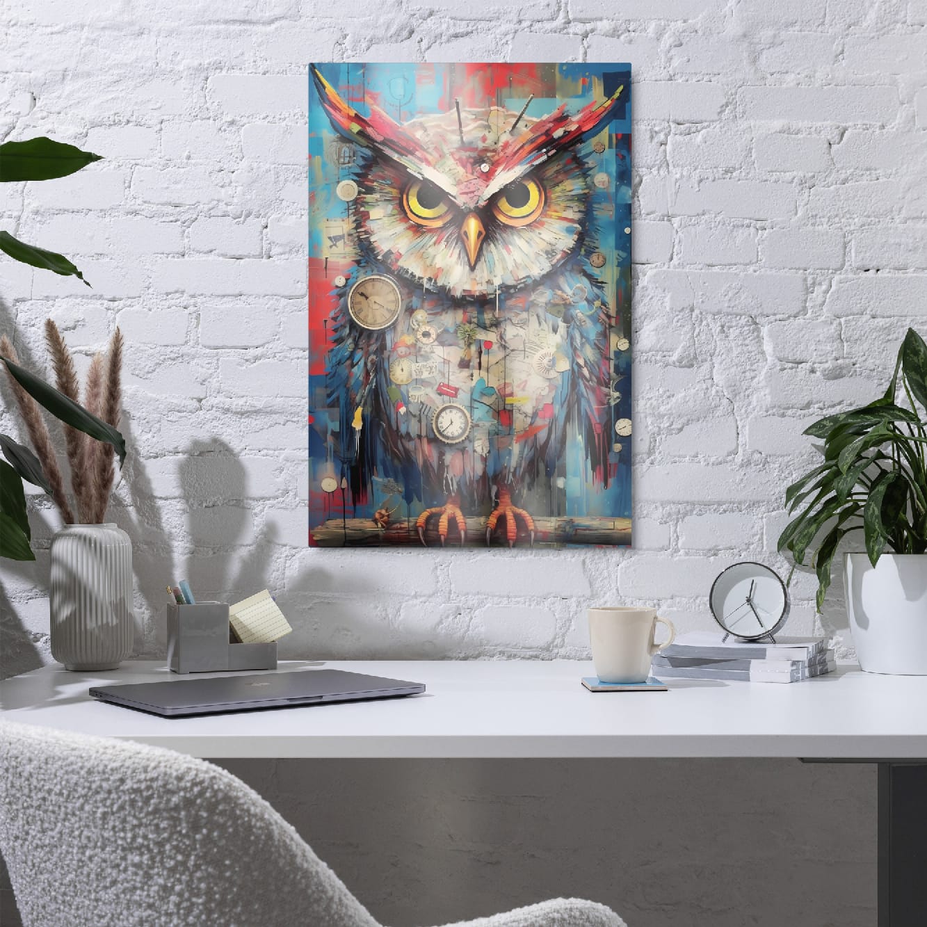 "Timekeeper Owl" glossy metal poster 20"x30" in a home office above desk on white brick wall, modern clockwork owl print with layered gears, paint splashes, and golden eyes, by GiveMeMood