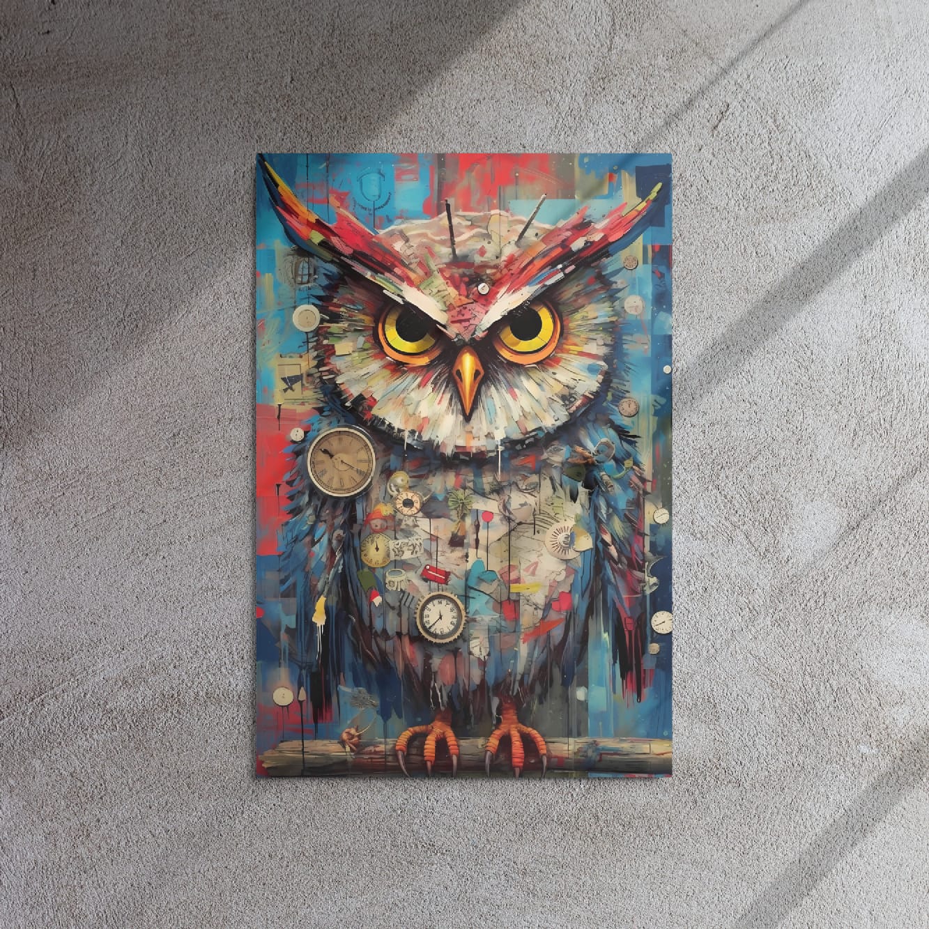 "Timekeeper Owl" glossy metal poster 20"x30" on textured concrete wall with diagonal sun shadows, striking owl artwork with clockwork elements, paint drips, and bold blue tones, by GiveMeMood