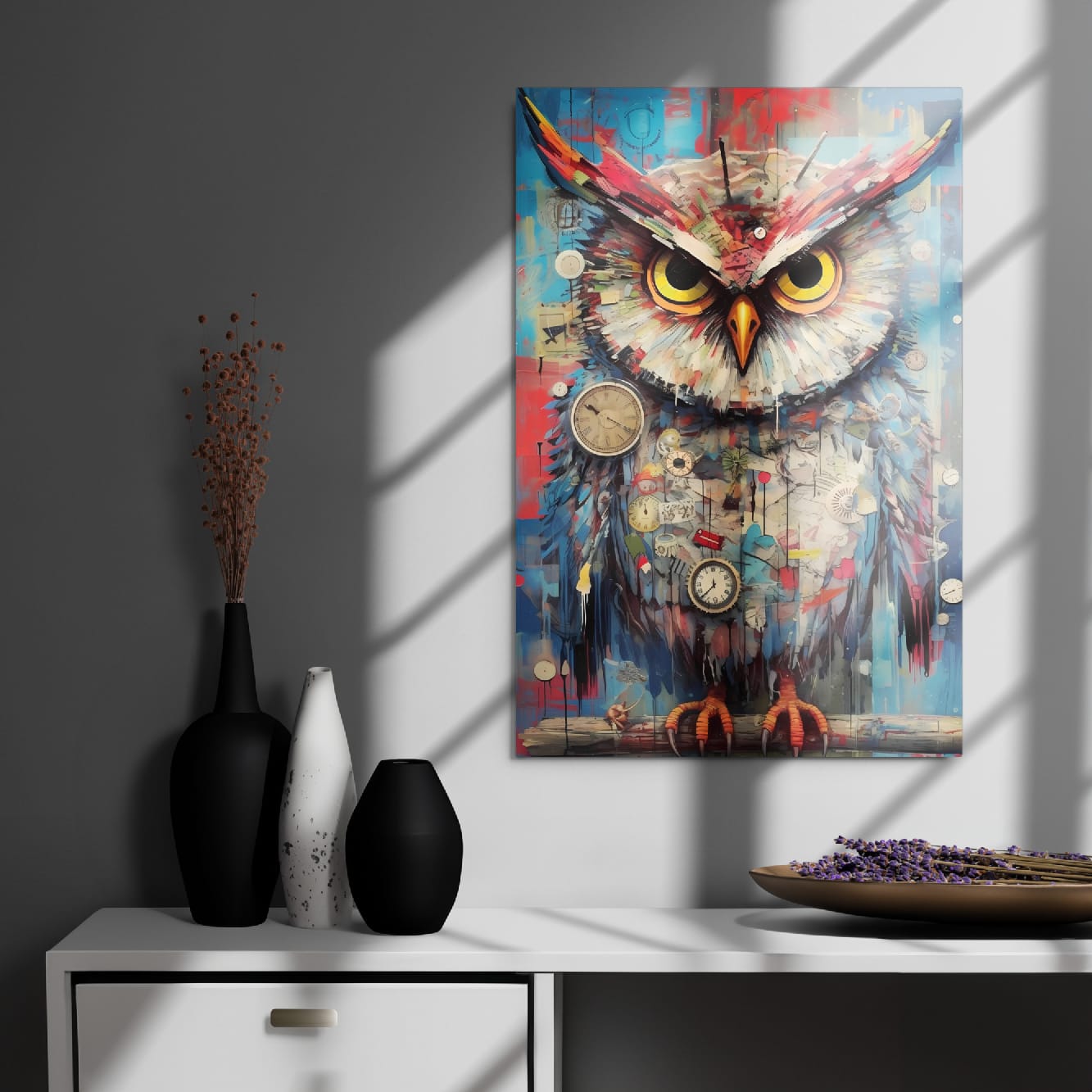 "Timekeeper Owl" glossy metal poster 20"x30" on modern gray wall above console decor with window-light shadows, colorful clockwork owl portrait with vintage clocks and vibrant red-blue accents, by GiveMeMood