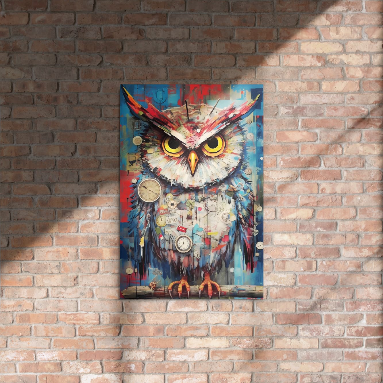 "Timekeeper Owl" glossy metal poster 20"x30" on rustic brick wall with sun shadows, colorful steampunk owl artwork with bright yellow eyes and vintage clock faces, by GiveMeMood