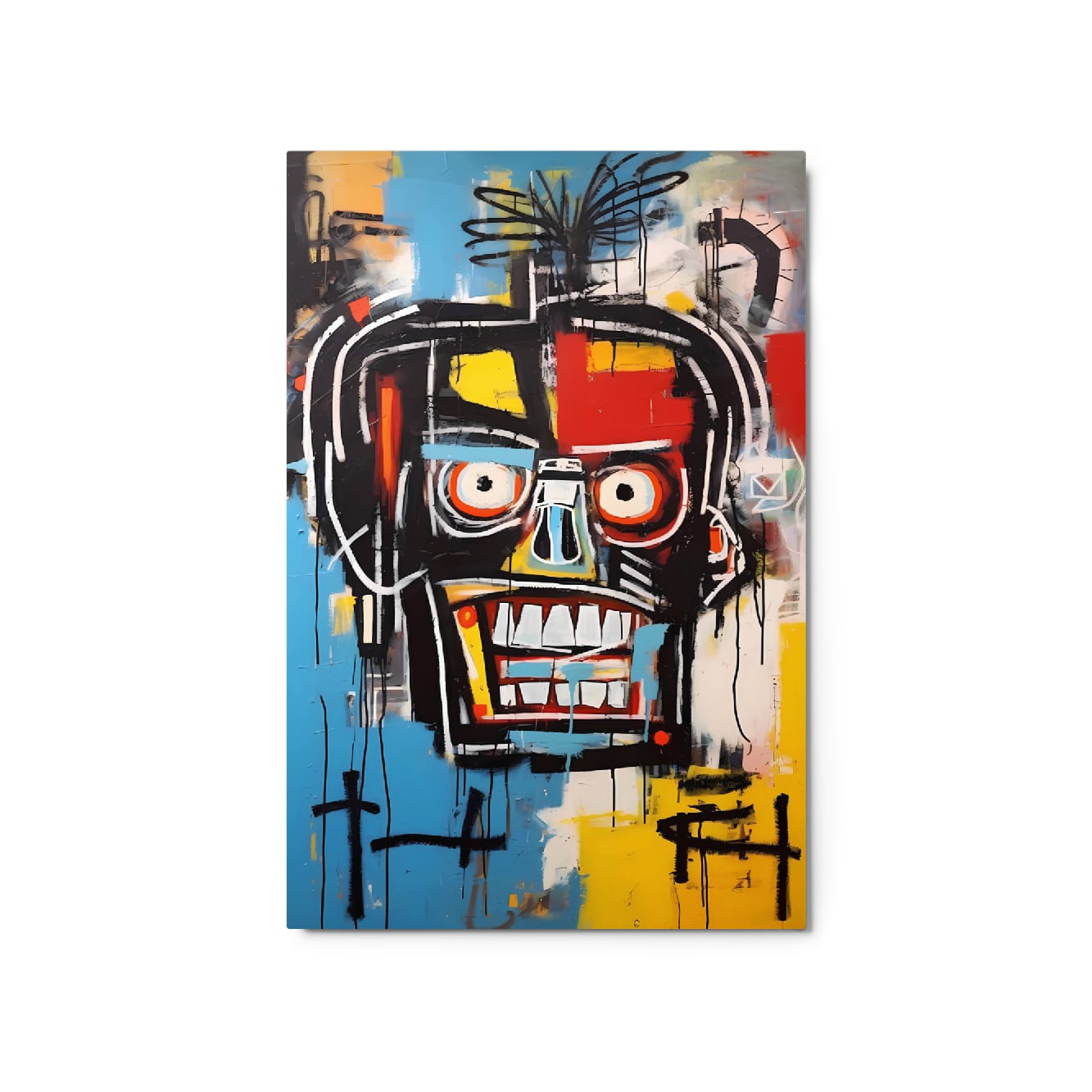 "Voltage Grin" glossy metal poster 20"x30" product photo on white background, abstract street-art face portrait with thick black outlines, orange eyes, blue nose, sharp grin, and dripping paint accents, by GiveMeMood
