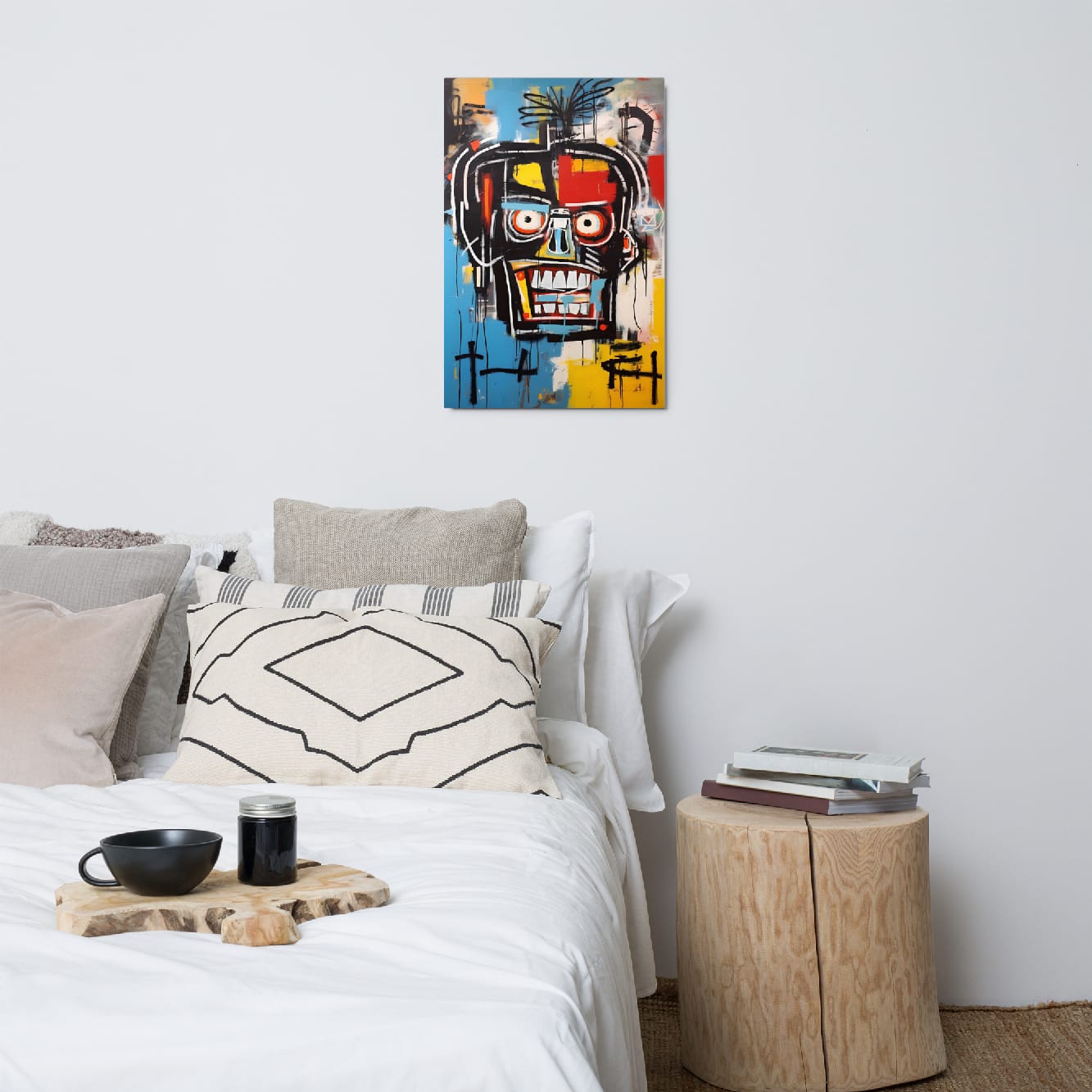 "Voltage Grin" glossy metal poster 20"x30" above bed in a modern bedroom, bold graffiti face print with electric color blocks and dripping details, by GiveMeMood