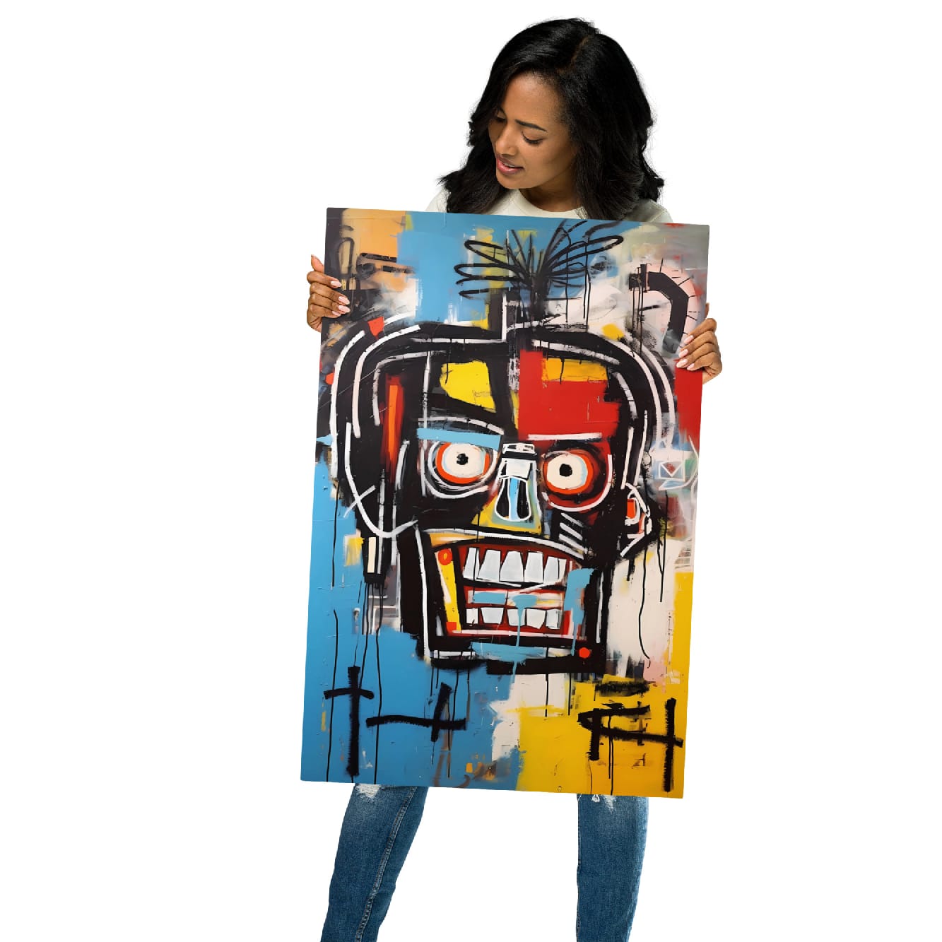 "Voltage Grin" glossy metal poster 20"x30" held by model, oversized pop-art graffiti face artwork with orange eyes, toothy grin, and expressive paint drips, by GiveMeMood