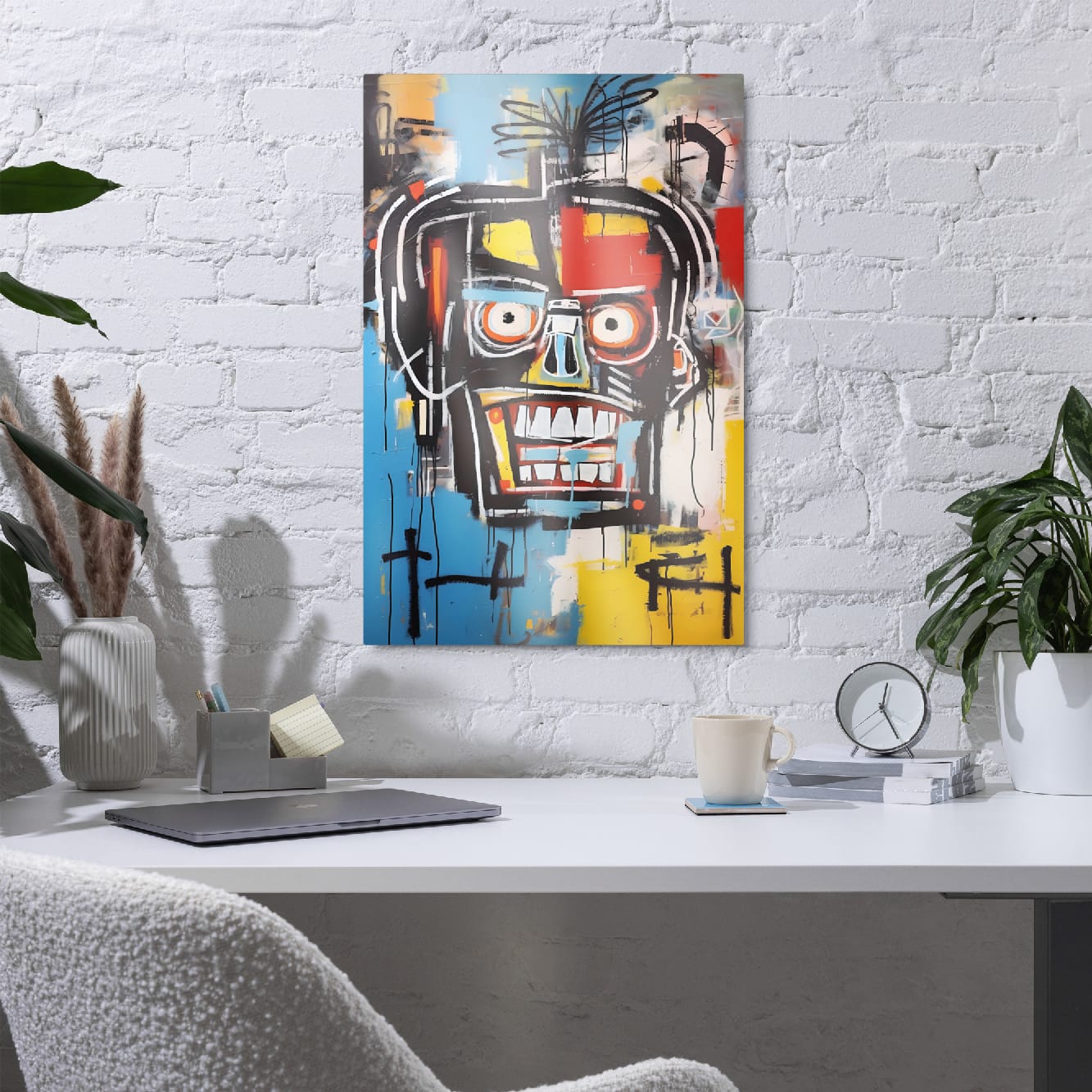 "Voltage Grin" glossy metal poster 20"x30" in a home office on white brick wall above desk, colorful graffiti face wall art with thick black lines and paint drips in blue, yellow, and red, by GiveMeMood