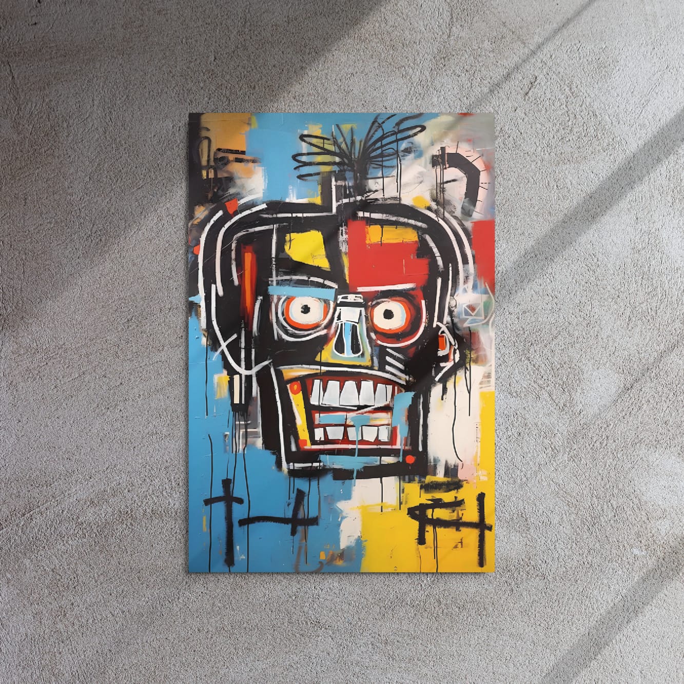 "Voltage Grin" glossy metal poster 20"x30" on textured concrete wall with diagonal sun shadows, modern graffiti face print in blue, yellow, and red with dripping paint and wide grin, by GiveMeMood